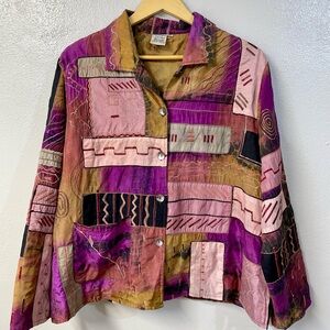 Parsley Sage Silk Patchwork Jacket Button Front Artwear Boho Colorful 2X Curate